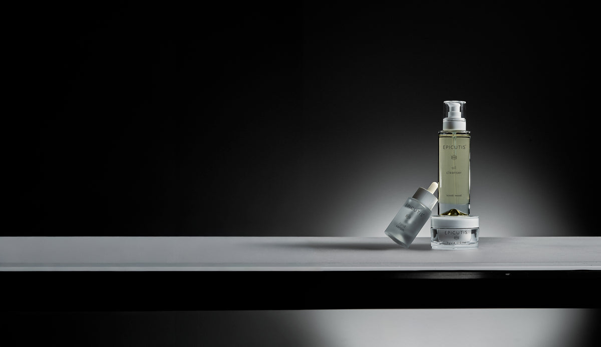 Epicutis skincare collection featuring Oil Cleanser, Lipid Serum, and HYVIA Creme